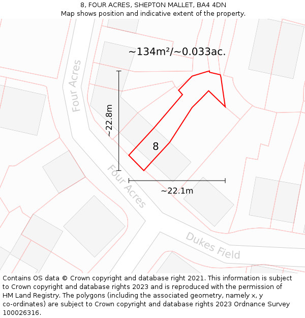 8, FOUR ACRES, SHEPTON MALLET, BA4 4DN: Plot and title map