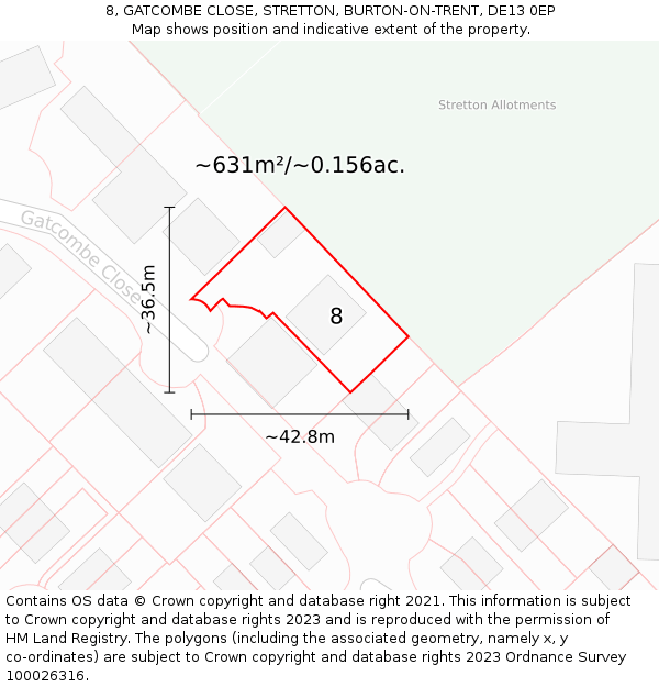 8, GATCOMBE CLOSE, STRETTON, BURTON-ON-TRENT, DE13 0EP: Plot and title map