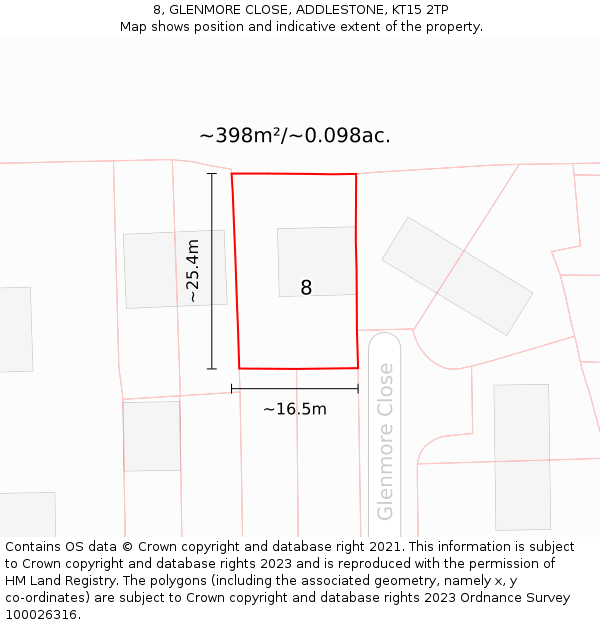 8, GLENMORE CLOSE, ADDLESTONE, KT15 2TP: Plot and title map