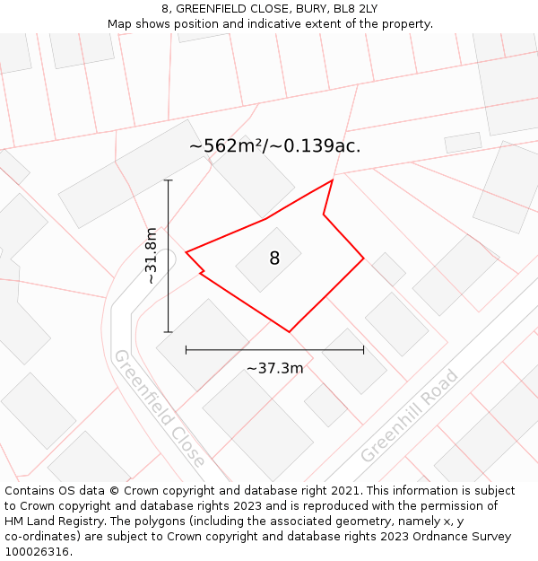 8, GREENFIELD CLOSE, BURY, BL8 2LY: Plot and title map