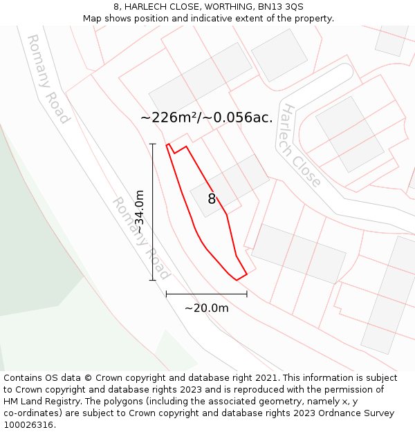 8, HARLECH CLOSE, WORTHING, BN13 3QS: Plot and title map