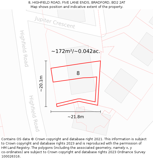 8, HIGHFIELD ROAD, FIVE LANE ENDS, BRADFORD, BD2 2AT: Plot and title map