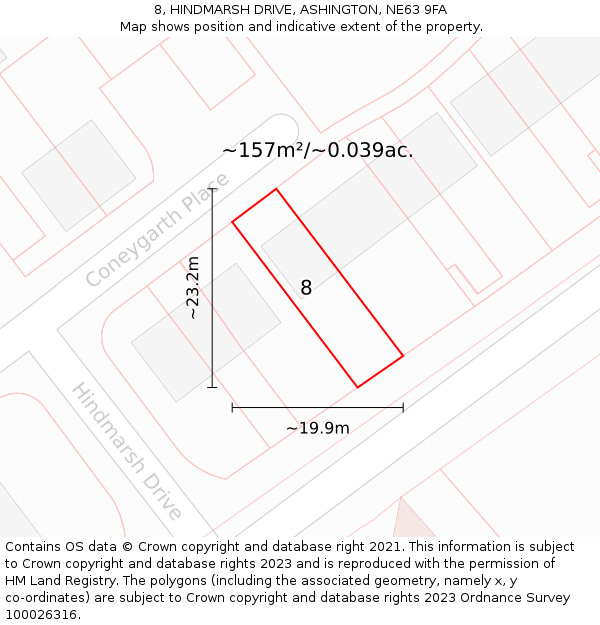 8, HINDMARSH DRIVE, ASHINGTON, NE63 9FA: Plot and title map