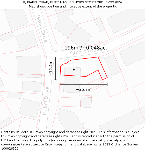 8, ISABEL DRIVE, ELSENHAM, BISHOP'S STORTFORD, CM22 6GW: Plot and title map