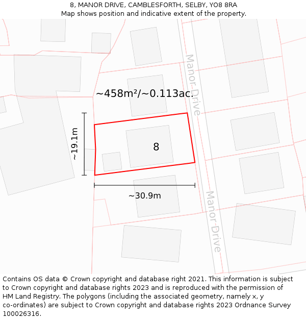 8, MANOR DRIVE, CAMBLESFORTH, SELBY, YO8 8RA: Plot and title map