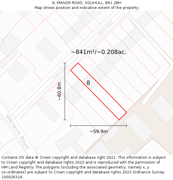 8, MANOR ROAD, SOLIHULL, B91 2BH: Plot and title map
