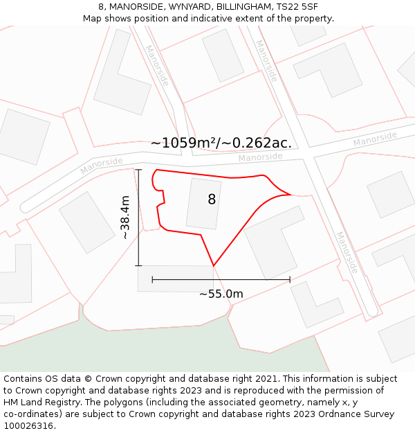 8, MANORSIDE, WYNYARD, BILLINGHAM, TS22 5SF: Plot and title map