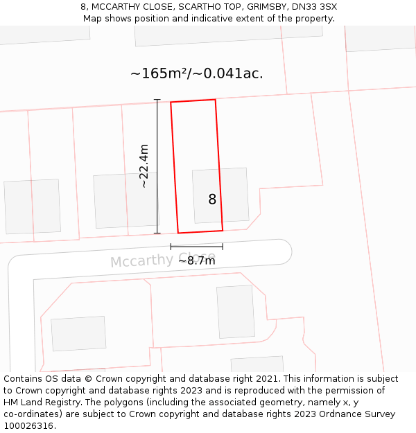 8, MCCARTHY CLOSE, SCARTHO TOP, GRIMSBY, DN33 3SX: Plot and title map