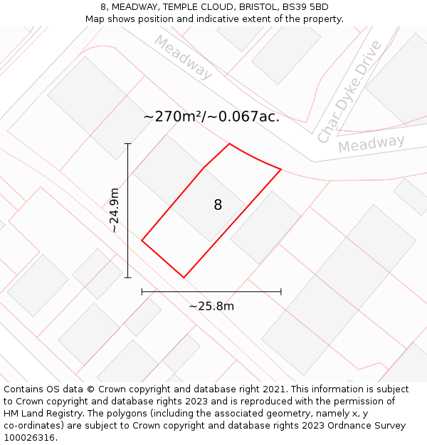 8, MEADWAY, TEMPLE CLOUD, BRISTOL, BS39 5BD: Plot and title map