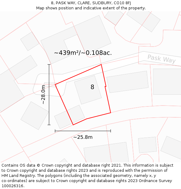 8, PASK WAY, CLARE, SUDBURY, CO10 8FJ: Plot and title map