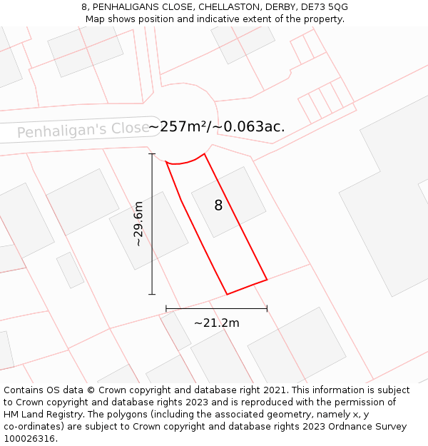 8, PENHALIGANS CLOSE, CHELLASTON, DERBY, DE73 5QG: Plot and title map