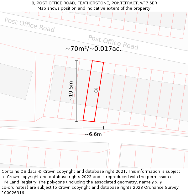 8, POST OFFICE ROAD, FEATHERSTONE, PONTEFRACT, WF7 5ER: Plot and title map