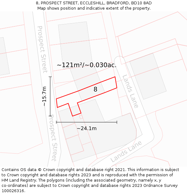 8, PROSPECT STREET, ECCLESHILL, BRADFORD, BD10 8AD: Plot and title map