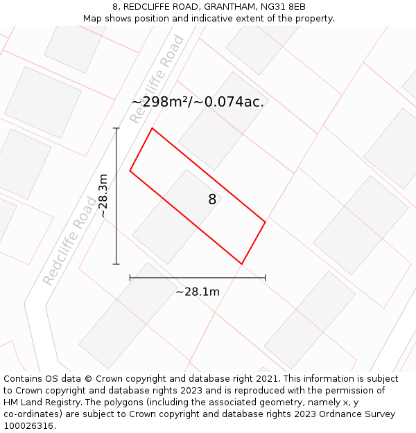 8, REDCLIFFE ROAD, GRANTHAM, NG31 8EB: Plot and title map