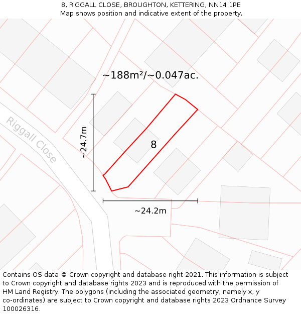 8, RIGGALL CLOSE, BROUGHTON, KETTERING, NN14 1PE: Plot and title map