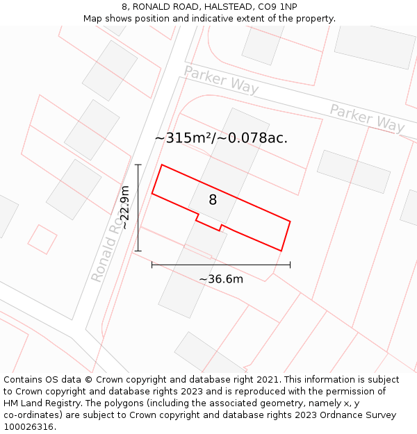 8, RONALD ROAD, HALSTEAD, CO9 1NP: Plot and title map