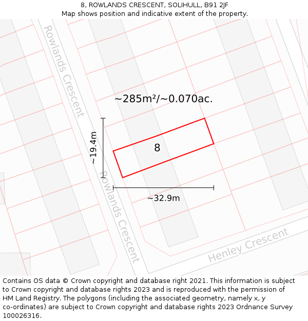 8, ROWLANDS CRESCENT, SOLIHULL, B91 2JF: Plot and title map