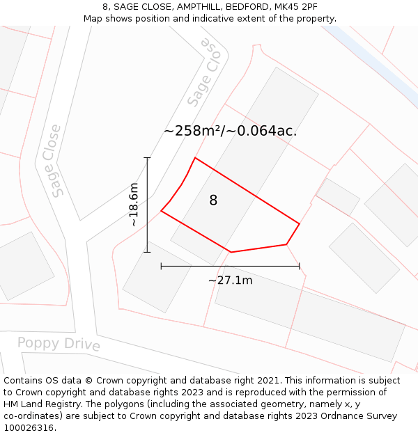 8, SAGE CLOSE, AMPTHILL, BEDFORD, MK45 2PF: Plot and title map