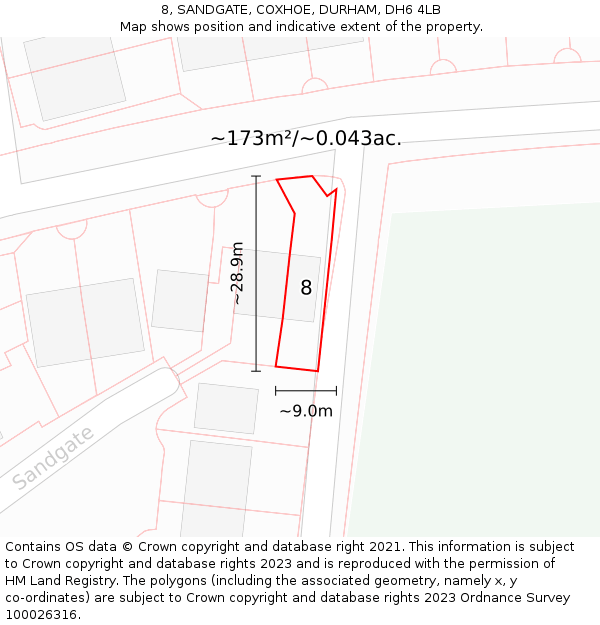 8, SANDGATE, COXHOE, DURHAM, DH6 4LB: Plot and title map