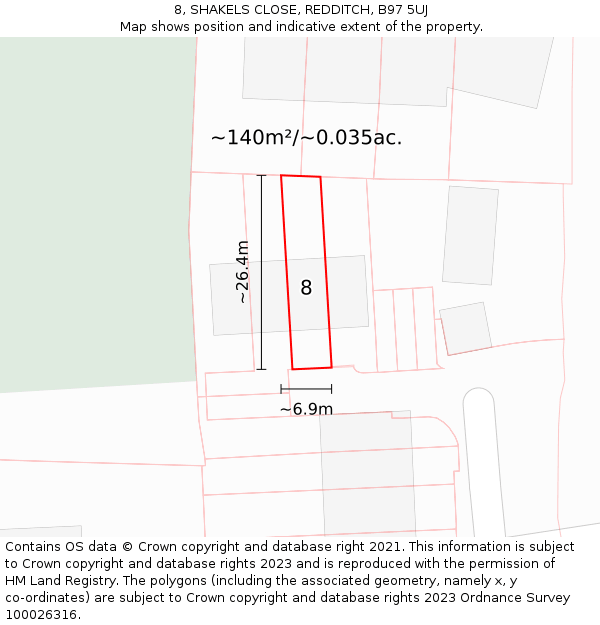 8, SHAKELS CLOSE, REDDITCH, B97 5UJ: Plot and title map