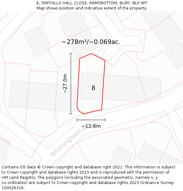 8, SMITHILLS HALL CLOSE, RAMSBOTTOM, BURY, BL0 9FF: Plot and title map