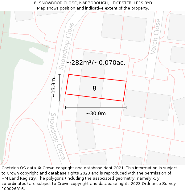 8, SNOWDROP CLOSE, NARBOROUGH, LEICESTER, LE19 3YB: Plot and title map