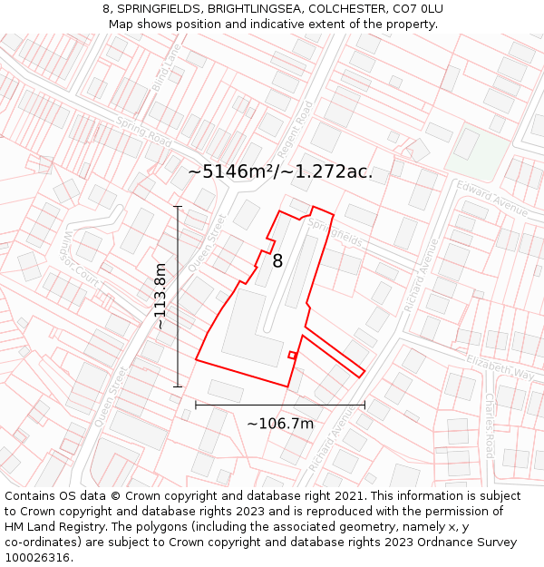 8, SPRINGFIELDS, BRIGHTLINGSEA, COLCHESTER, CO7 0LU: Plot and title map