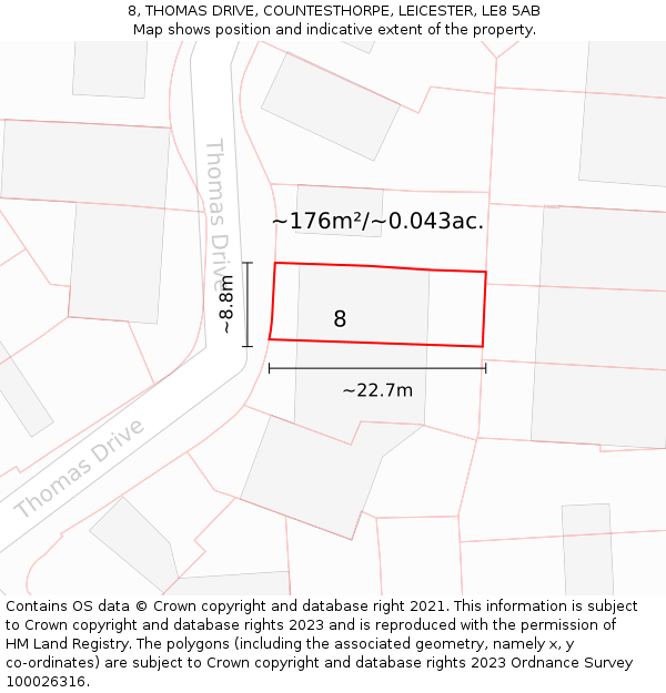 8, THOMAS DRIVE, COUNTESTHORPE, LEICESTER, LE8 5AB: Plot and title map