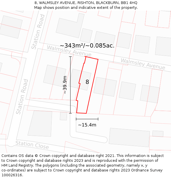 8, WALMSLEY AVENUE, RISHTON, BLACKBURN, BB1 4HQ: Plot and title map