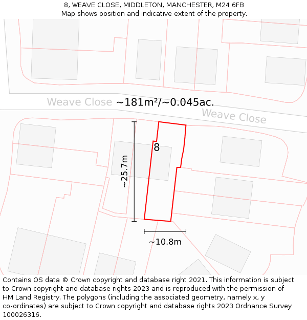8, WEAVE CLOSE, MIDDLETON, MANCHESTER, M24 6FB: Plot and title map