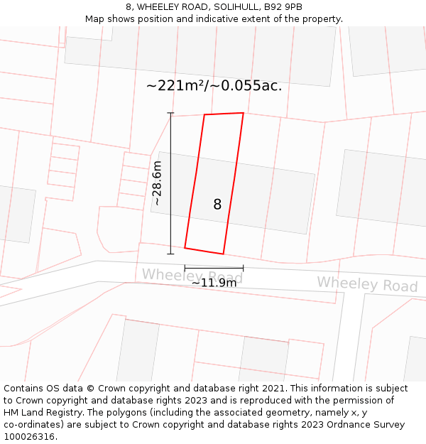 8, WHEELEY ROAD, SOLIHULL, B92 9PB: Plot and title map