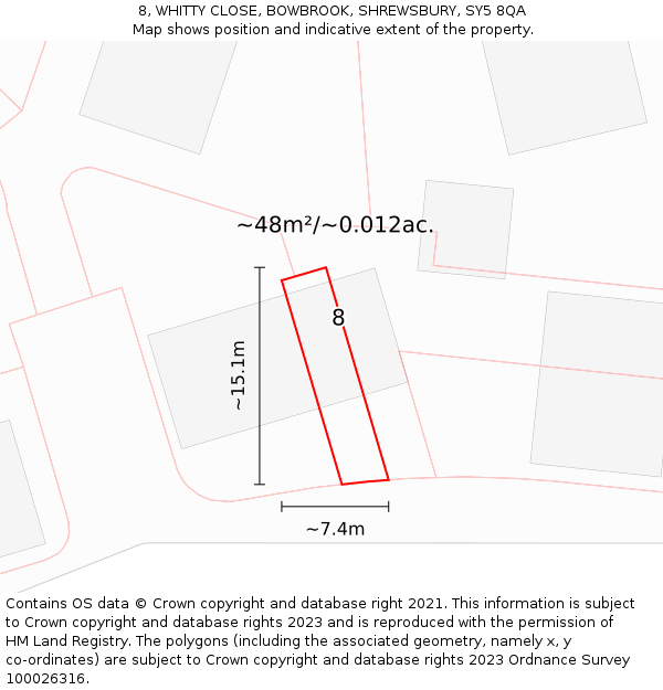 8, WHITTY CLOSE, BOWBROOK, SHREWSBURY, SY5 8QA: Plot and title map