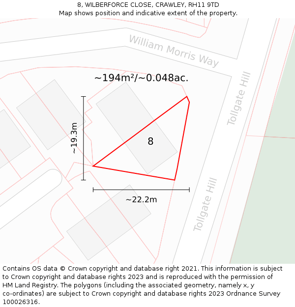 8, WILBERFORCE CLOSE, CRAWLEY, RH11 9TD: Plot and title map