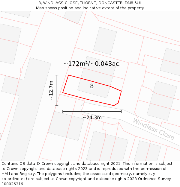 8, WINDLASS CLOSE, THORNE, DONCASTER, DN8 5UL: Plot and title map
