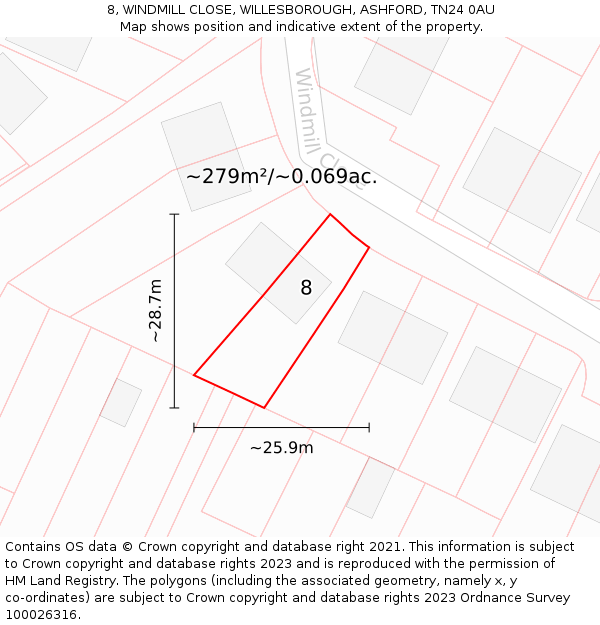 8, WINDMILL CLOSE, WILLESBOROUGH, ASHFORD, TN24 0AU: Plot and title map