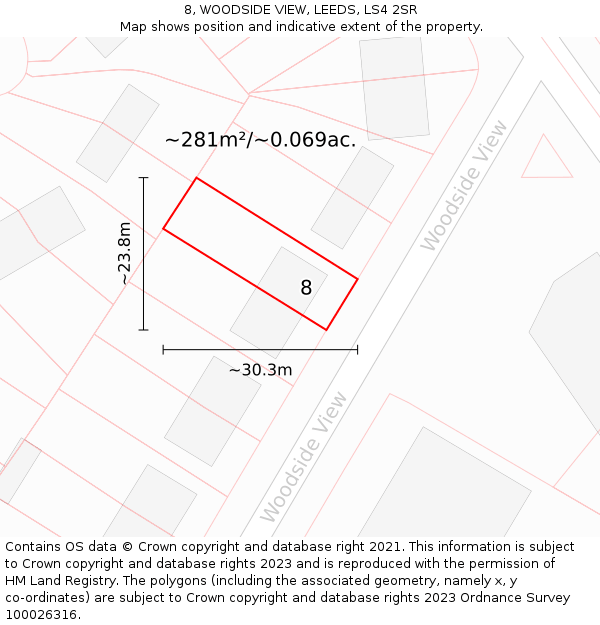 8, WOODSIDE VIEW, LEEDS, LS4 2SR: Plot and title map