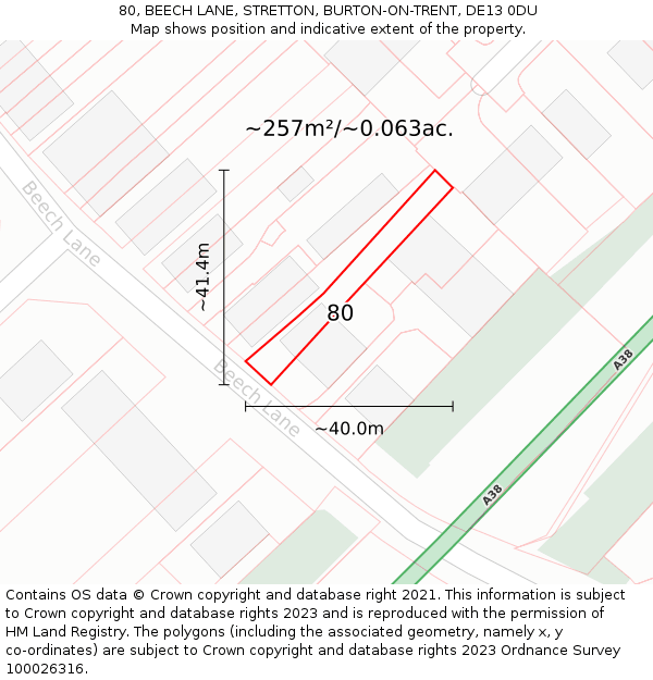 80, BEECH LANE, STRETTON, BURTON-ON-TRENT, DE13 0DU: Plot and title map