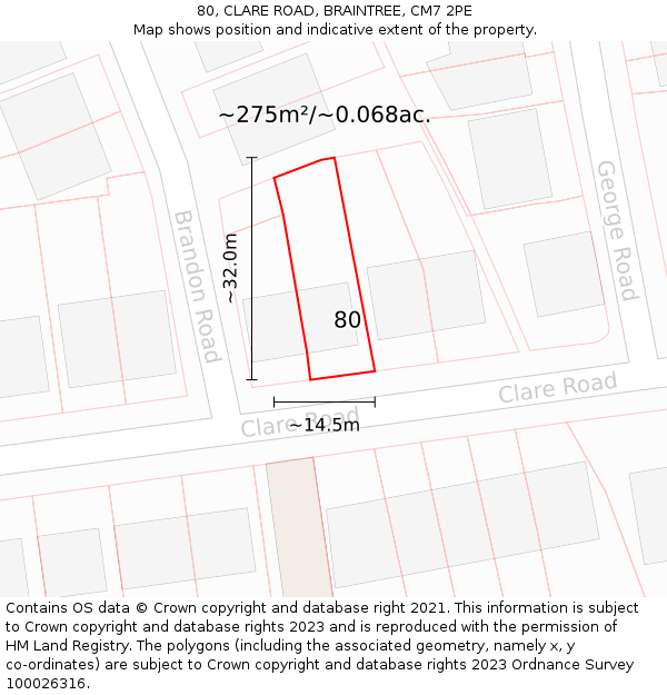 80, CLARE ROAD, BRAINTREE, CM7 2PE: Plot and title map