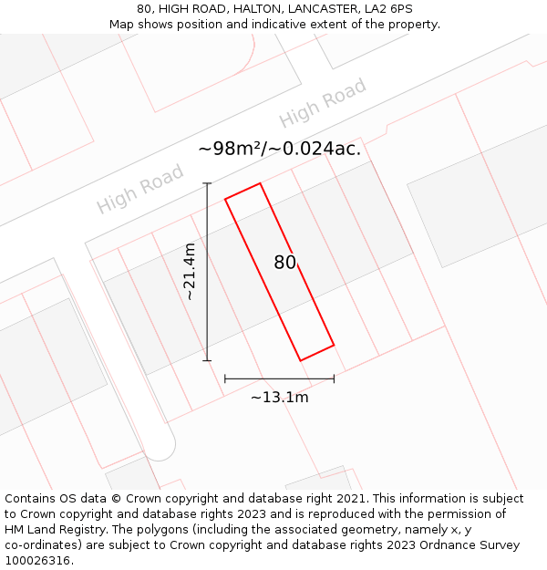 80, HIGH ROAD, HALTON, LANCASTER, LA2 6PS: Plot and title map
