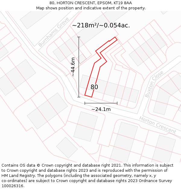 80, HORTON CRESCENT, EPSOM, KT19 8AA: Plot and title map