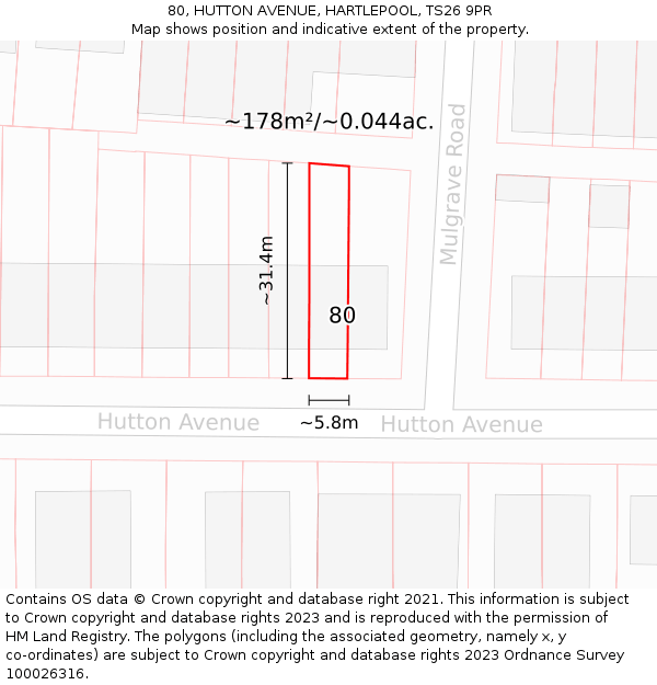 80, HUTTON AVENUE, HARTLEPOOL, TS26 9PR: Plot and title map