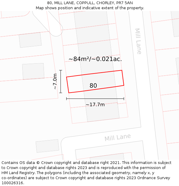 80, MILL LANE, COPPULL, CHORLEY, PR7 5AN: Plot and title map