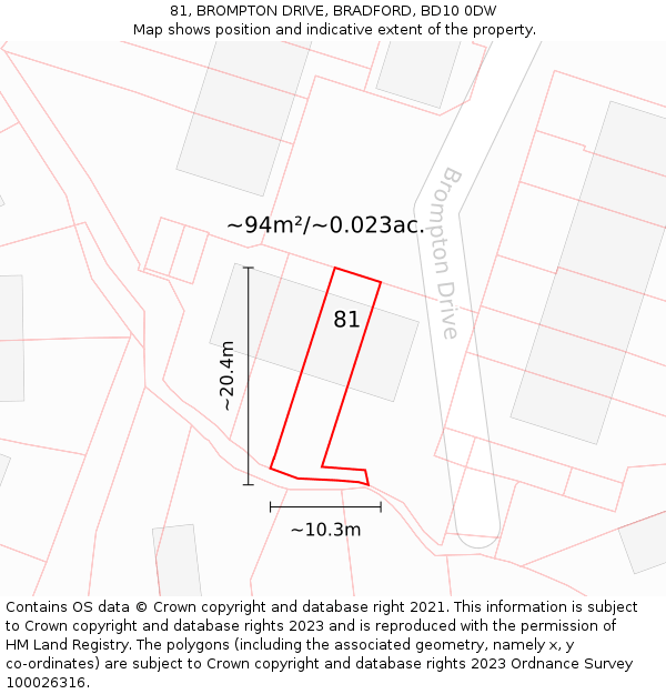 81, BROMPTON DRIVE, BRADFORD, BD10 0DW: Plot and title map