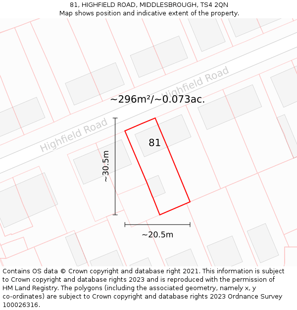 81, HIGHFIELD ROAD, MIDDLESBROUGH, TS4 2QN: Plot and title map