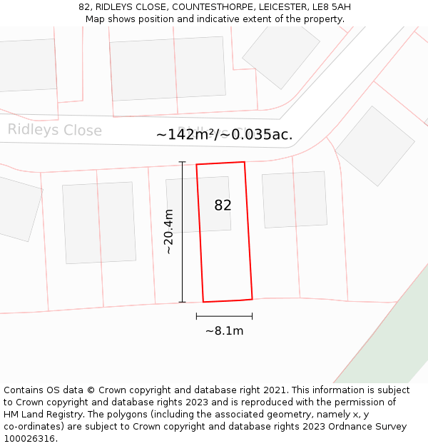 82, RIDLEYS CLOSE, COUNTESTHORPE, LEICESTER, LE8 5AH: Plot and title map
