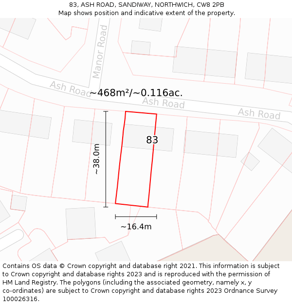 83, ASH ROAD, SANDIWAY, NORTHWICH, CW8 2PB: Plot and title map