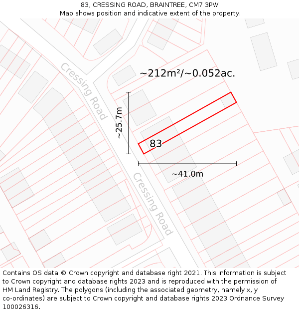 83, CRESSING ROAD, BRAINTREE, CM7 3PW: Plot and title map