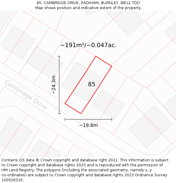 85, CAMBRIDGE DRIVE, PADIHAM, BURNLEY, BB12 7DD: Plot and title map