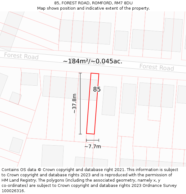 85, FOREST ROAD, ROMFORD, RM7 8DU: Plot and title map