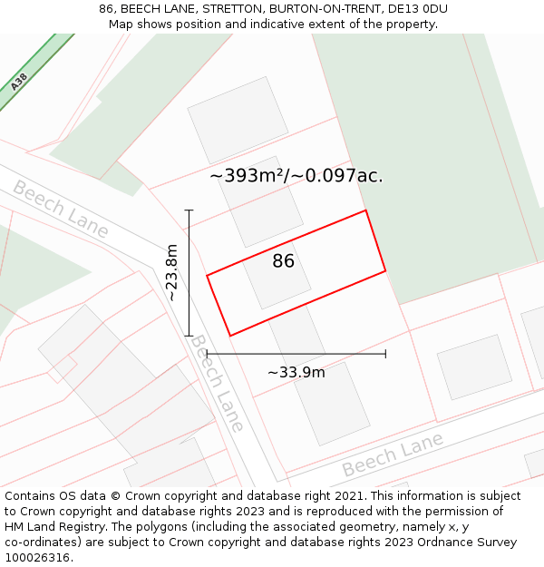 86, BEECH LANE, STRETTON, BURTON-ON-TRENT, DE13 0DU: Plot and title map